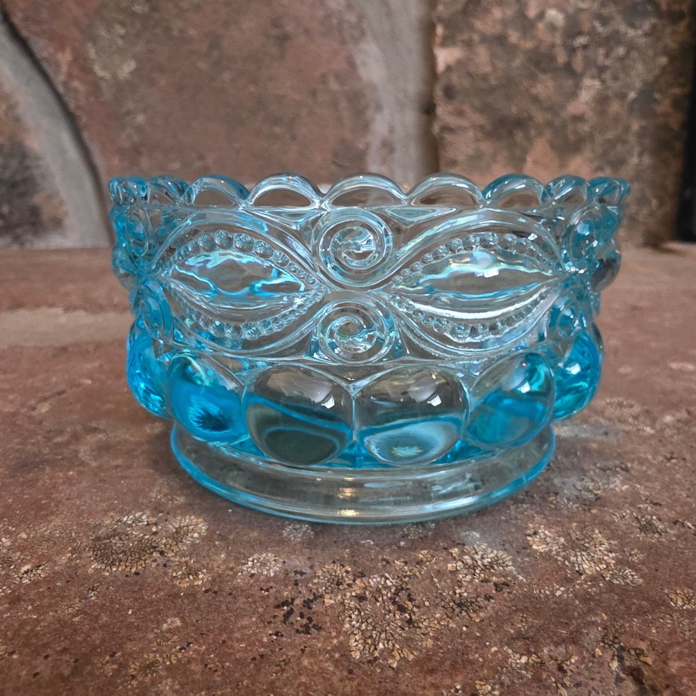Vintage Blue Mosser Winking Eye Glass Bowl Scalloped Edge Aquamarine 4 inch